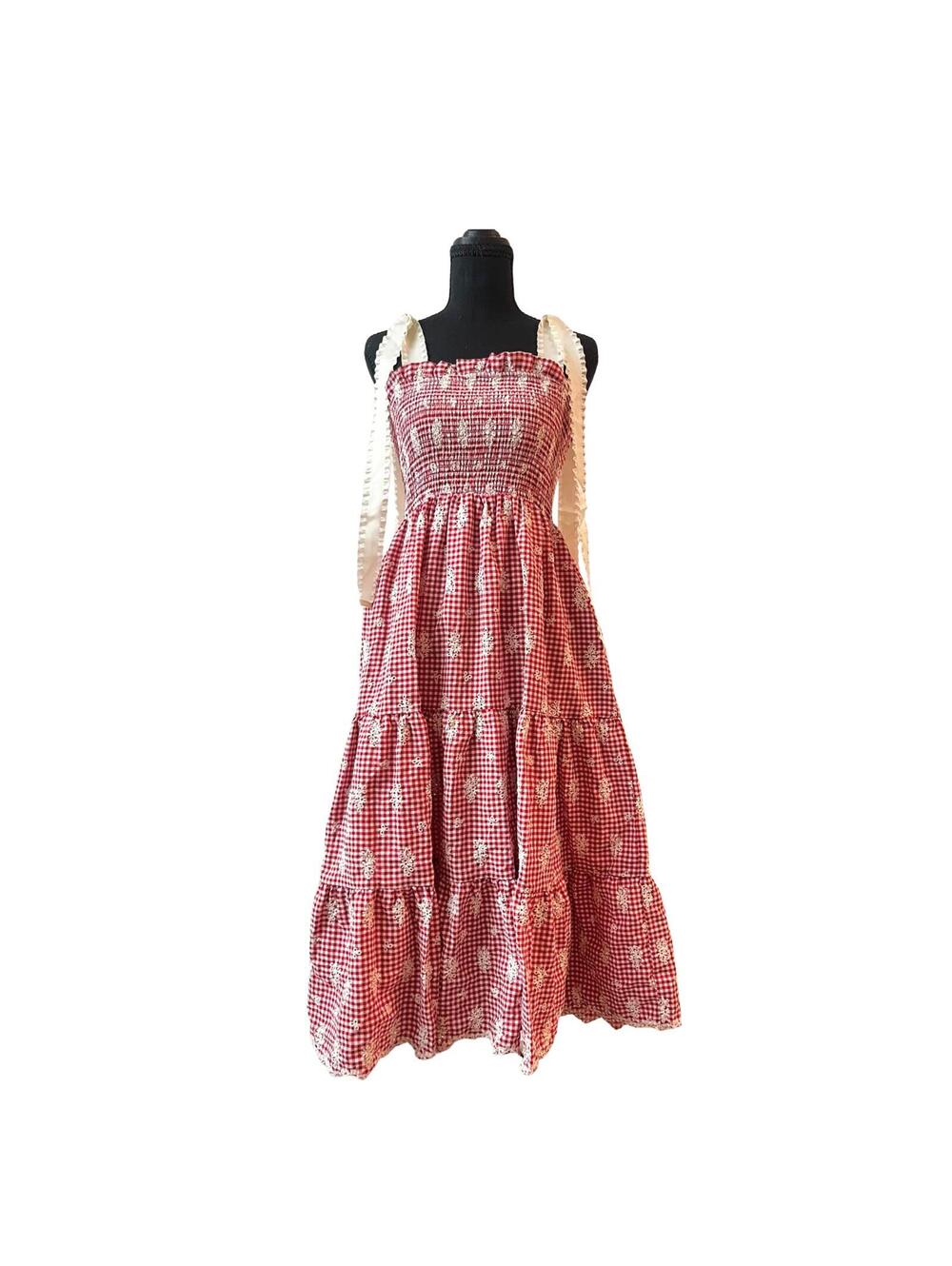 Jacquie the Label Gingham Midi Dress Red Smocked Cottagecore Spring Flowy S